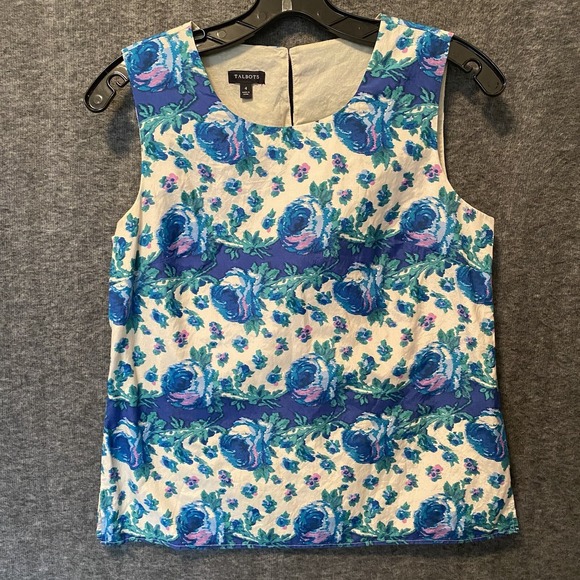 Talbots Tops - Talbots Top Womens 4 Blue‎ Green Floral Silk Blend Sleeveless Shell Tunic Blouse